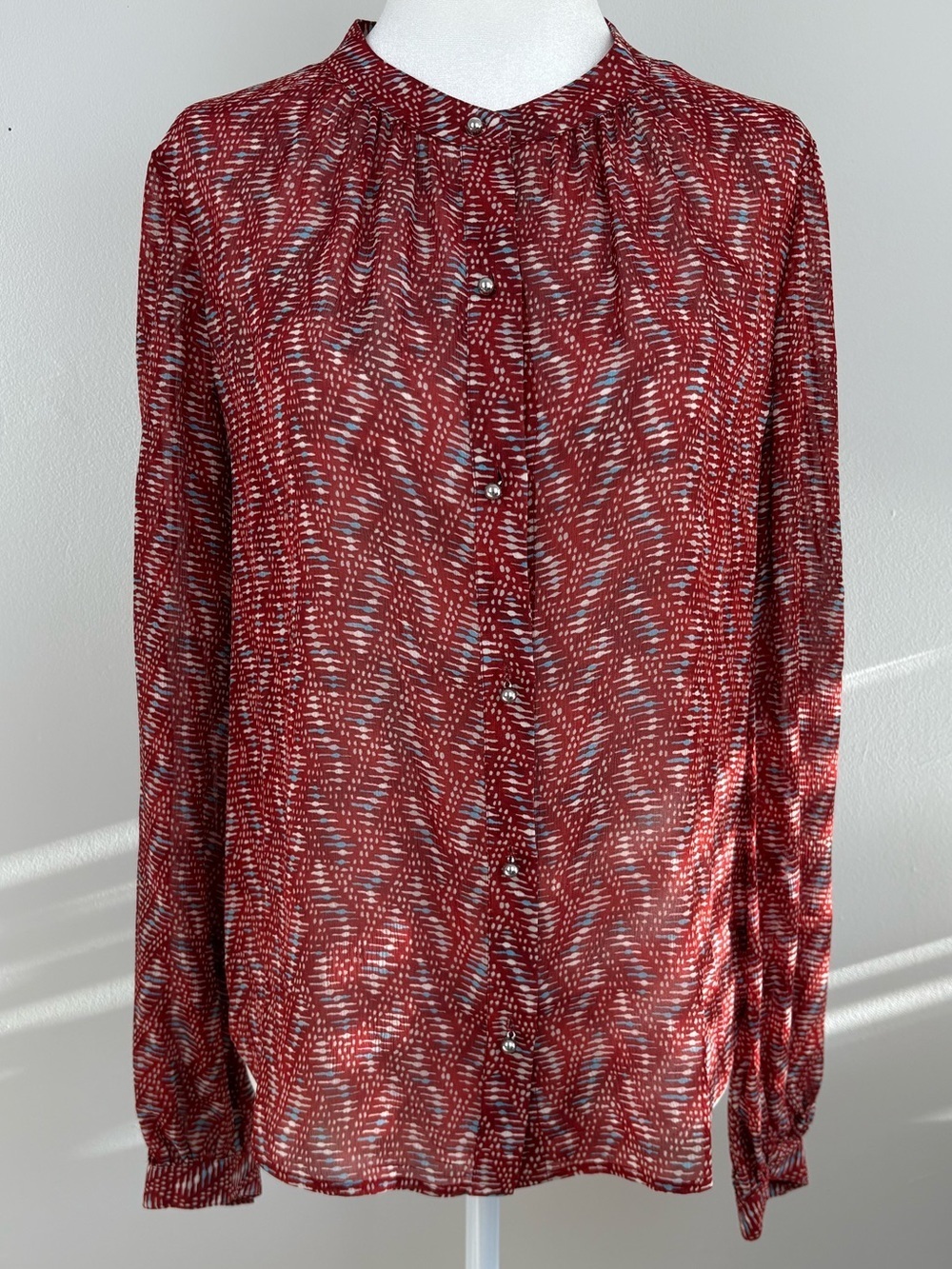 Veronica Beard Red Patterned Long-Sleeve Silk Blouse